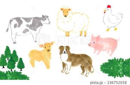 シンプルでかわいい牧場の動物イラストセット　牛　羊　鶏　豚 136752038