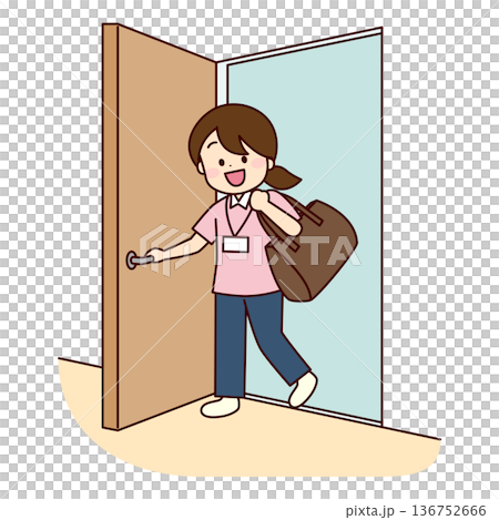 笑顔で訪問先の部屋へ入る訪問看護師 136752666