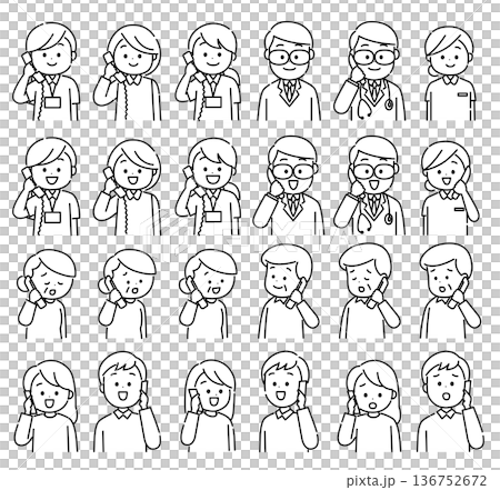 Nurses and patient families - Set of people answering the phone - Line drawing 136752672