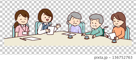 介護保険サービスについて相談している家族 136752763