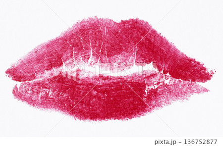 Textured imprint of female lips with bright pink lipstick, detailed skin microrelief Textured imprint of female lips with bright pink lipstick, detailed skin microrelief 136752877