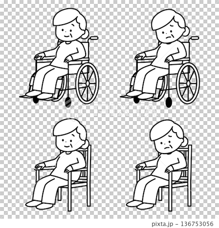 車椅子や椅子に座るシニア女性　線画 136753056
