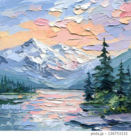 Mountain lake sunset with snowy peak and pine trees impasto landscape painting with calm reflection and pastel sky 136753132