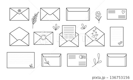 Letters, envelopes, postcards and messages set in line style Letters, envelopes, postcards and messages set in line style 136753156