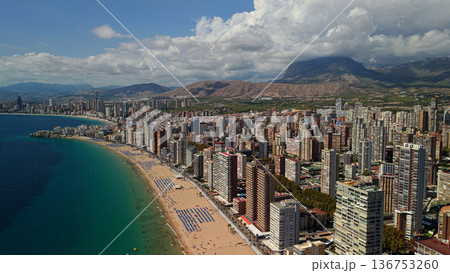 Aerial view of Benidorm coastal skyline with sandy beach and Mediterranean Sea Spain 136753260