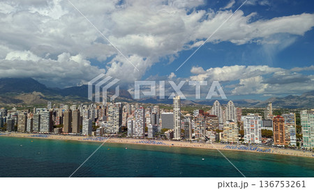 Aerial panoramic view of Benidorm beachfront skyline with Levante beach and Mediterranean coast Spain 136753261