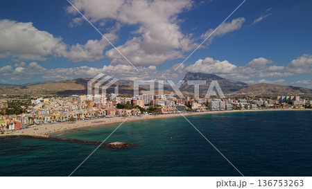 Aerial panorama of Villajoyosa coastline with colorful seaside houses and Mediterranean beach Spain 136753263