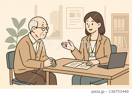 高齢男性と相談員の面談風景イラスト 136753440