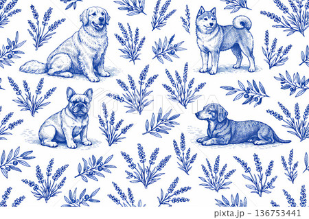 犬とハーブの青色総柄パターン 136753441
