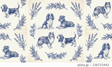犬種と植物のクラシカル装飾パターン 136753442