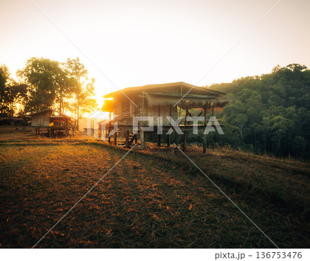 Traditional Thai wooden house on stilts in rural mountain farm at sunrise Traditional Thai wooden house on stilts in rural mountain farm at sunrise 136753476