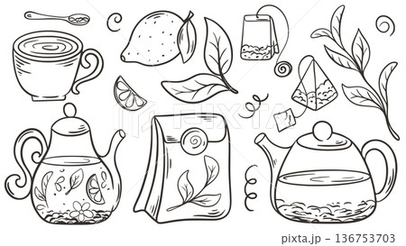 Tea set in doodle sketch style 136753703