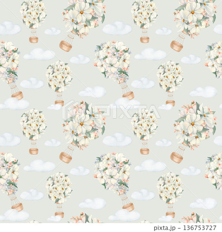 Delicate Balloons on Pastel Clouds seamless pattern. Floral Airships hand drawn watercolor isolated. Gentle nursery pattern with flower balloons. Endless neutral design for infant textile, wallpaper. 136753727