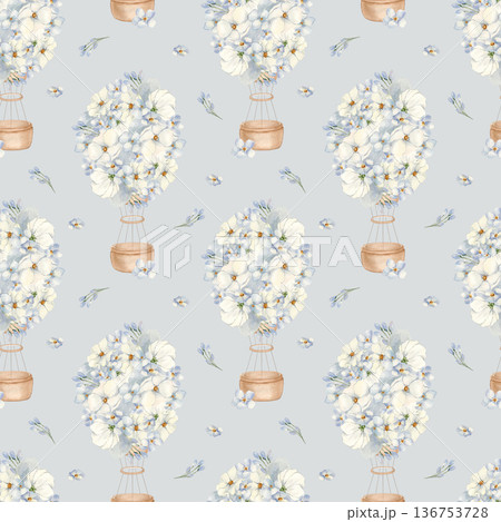 Air balloons and flowers watercolor seamless pattern neutral colors. Hand painted aerostats with floral arrangements soft blue. Repeat background for nursery surfaces and digital paper. Baby print. Air balloons and flowers watercolor seamless pattern neutral colors. Hand painted aerostats with floral arrangements soft blue. Repeat background for nursery surfaces and digital paper. Baby print. 136753728