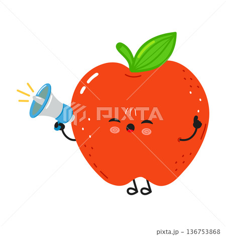 Red apple character shouting with megaphone making announcement 136753868