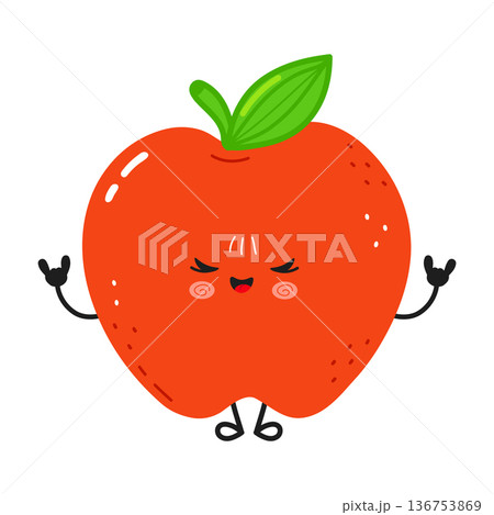 Cute apple cartoon character doing rock gesture 136753869