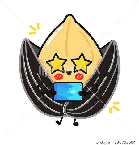 Sunflower seed character with star eyes holding tablet Sunflower seed character with star eyes holding tablet 136753904