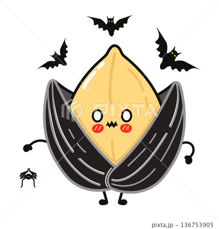 Sunflower seed character fearing Halloween bats and spider 136753905