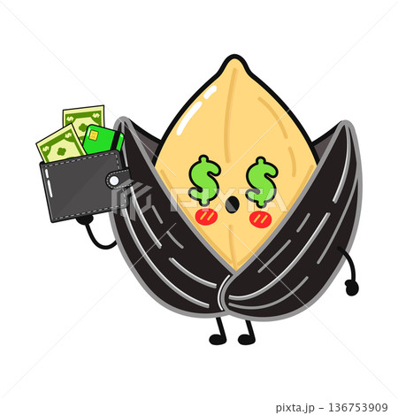 Sunflower seed mascot showing wallet with money earning wealth Sunflower seed mascot showing wallet with money earning wealth 136753909