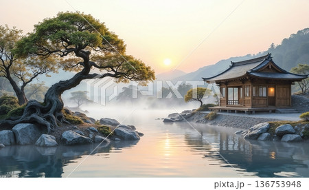 The image shows a picturesque landscape typical of a Japanese garden The image shows a picturesque landscape typical of a Japanese garden 136753948