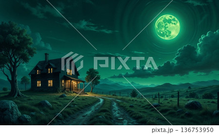 The image shows an atmospheric artistic illustration of a night landscape 136753950