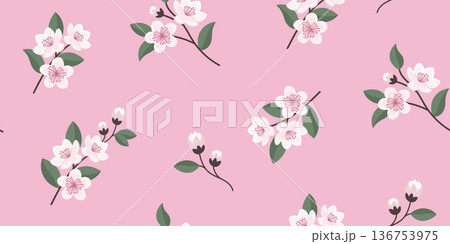Seamless pattern with cherry blossom flowers on pink background. Fabric print. Seamless pattern with cherry blossom flowers on pink background. Fabric print. 136753975
