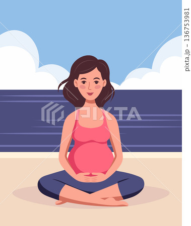 Cute pregnant woman in yoga pose on the beach. Maternity concept, mental and body health wellbeing. Illustration. 136753981