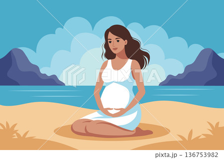 Cute pregnant woman is relaxing on the beach by the sea. Maternity concept, mental and body health wellbeing. Illustration. Cute pregnant woman is relaxing on the beach by the sea. Maternity concept, mental and body health wellbeing. Illustration. 136753982