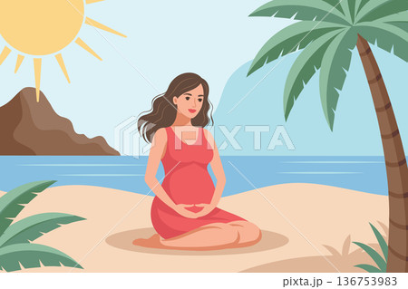 Cute pregnant woman is relaxing on the beach by the sea. Maternity concept, mental and body health wellbeing. Illustration. Cute pregnant woman is relaxing on the beach by the sea. Maternity concept, mental and body health wellbeing. Illustration. 136753983