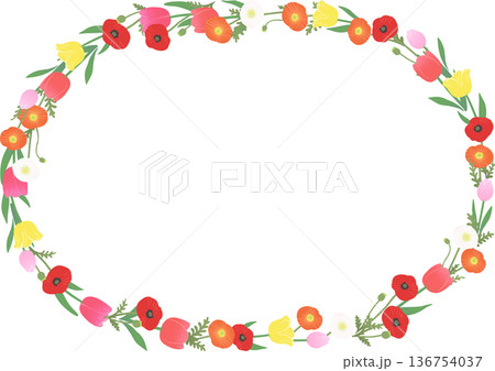 春の花の丸いフレームのベクターイラスト　チューリップとポピーの円形装飾枠素材 136754037