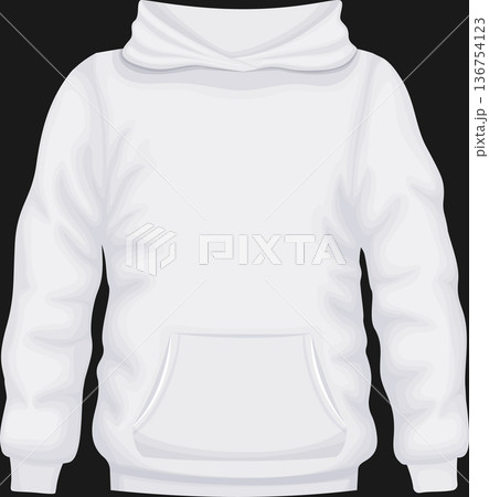 Plain white hoodie with front pocket on black background 136754123