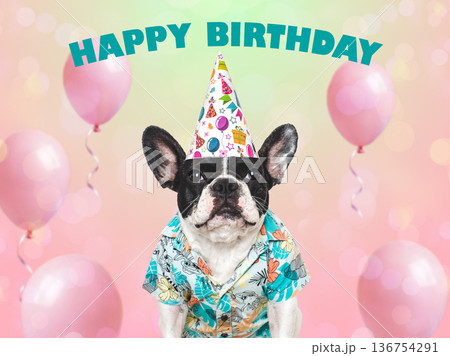 Unimpressed French Bulldog in party hat 136754291