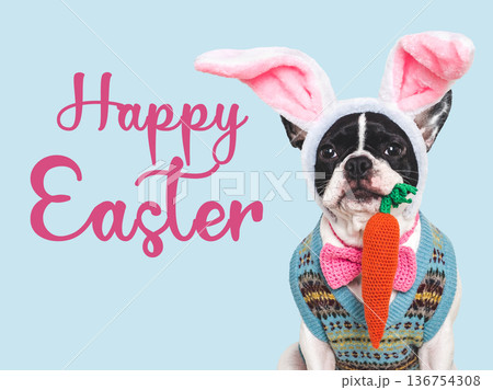 Happy Easter. Cute dog and greeting text 136754308