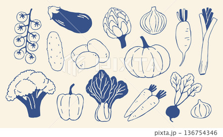 Hand drawn vegetable vector set in minimalist Mediterranean style. Organic food with eggplant, pumpkin, carrot, broccoli, perfect for packaging, menus, branding, poster, healthy lifestyle designs 136754346