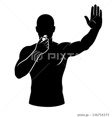 Referee Silhouette Blowing Whistle and Making Stop Gesture. Black and White Vector Illustration of Coach or Lifeguard. 136754373