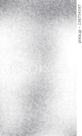 Abstract black and white halftone dots forming smooth gradient pattern. Modern monochrome digital texture with depth and minimal geometric composition on clean background. 136754397