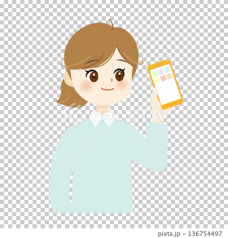 Illustration of a natural smiling woman holding a smartphone. Upper body, cute, SNS, everyday life 06 Illustration of a natural smiling woman holding a smartphone. Upper body, cute, SNS, everyday life 06 136754497