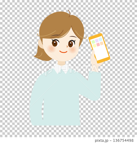 Illustration of a natural smiling woman holding a smartphone. Upper body, cute, SNS, everyday life 09 Illustration of a natural smiling woman holding a smartphone. Upper body, cute, SNS, everyday life 09 136754498