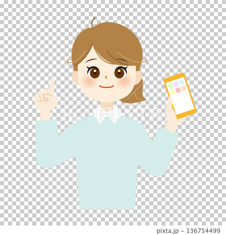 Illustration of a smiling woman holding a smartphone and pointing up Illustration of a smiling woman holding a smartphone and pointing up 136754499