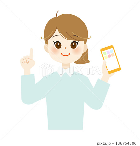 スマートフォンを持ち指を立てて説明する笑顔の女性のイラスト13 スマートフォンを持ち指を立てて説明する笑顔の女性のイラスト13 136754500