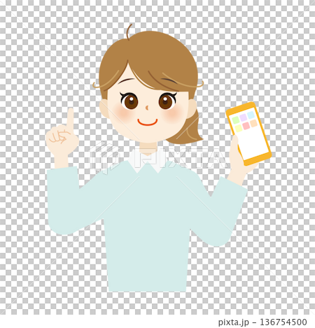 スマートフォンを持ち指を立てて説明する笑顔の女性のイラスト13 スマートフォンを持ち指を立てて説明する笑顔の女性のイラスト13 136754500