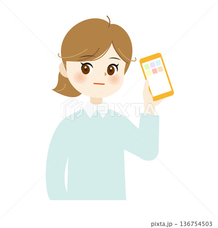 スマホを持った女性イラスト　上半身・可愛い・自然な表情・SNS08 136754503