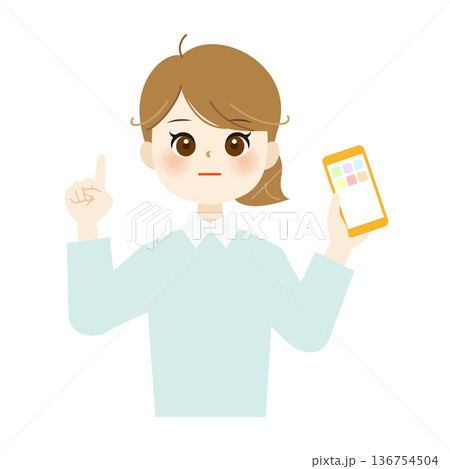 スマートフォンで説明する女性のイラスト11 スマートフォンで説明する女性のイラスト11 136754504