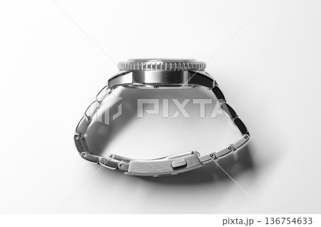 Elegant stainless steel dive watch, side view 136754633