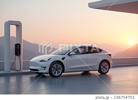 AI generated white Electric Car Charging at Station During Sunset 136754753