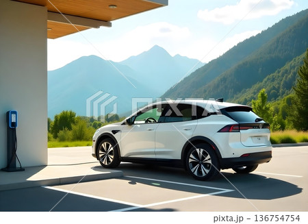 AI generated white Electric Car Charging Outdoors Near Mountains 136754754