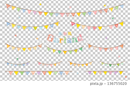 Watercolor-style triangular flag garland variation set (straight, curved, long, short) Watercolor-style triangular flag garland variation set (straight, curved, long, short) 136755020