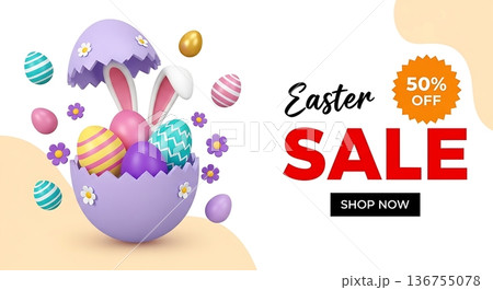 Cracked Easter egg with bunny ears and colorful eggs. Easter sale event celebration with discount offer. Holiday seasonal marketing promotion. 136755078