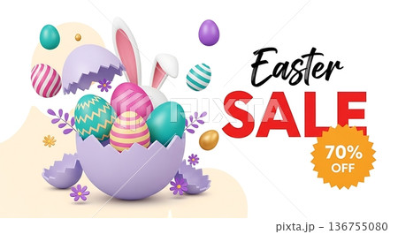Cracked Easter egg with bunny ears and colorful eggs. Easter sale event celebration with discount offer. Holiday seasonal marketing promotion. 136755080