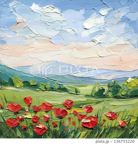 Red poppy field landscape with distant mountains impasto painting under pastel cloudy sky and green meadow 136755220